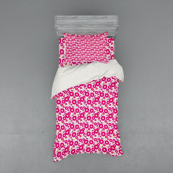 Ambesonne Floral Bedding Set 3 Pcs, Graphical Flower Motifs Dots, Twin XL, Hot Pink Pale Orange