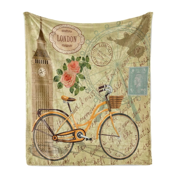 London Soft Flannel Fleece Throw Blanket, Vintage Design with Stamp Big Ben and Bicycle Blossoming Rose, Cozy Plush for Indoor and Outdoor Use, 60" x 80", Sand Brown Pale Orange, by Ambesonne