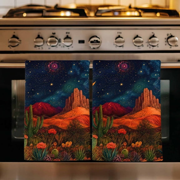 Southwestern Desert Kitchen Towels Set of 3, Cactus Botanical Starry Sky Moon Absorbent Dish Towels for Kitchen, Microfiber Hand Towel, Quick Drying Tea Towel for Cleaning Decorative Dishcloths