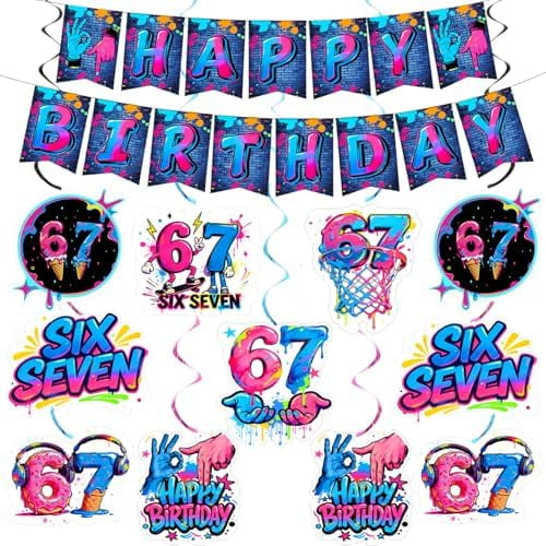 6 7 Birthday Decorations Neon Party Decoration with Happy Birthday Banner Six Seven Birthday Party Decorations Swirl 67 Meme Themed Birthday Decorations Set 67 Decor Supplies