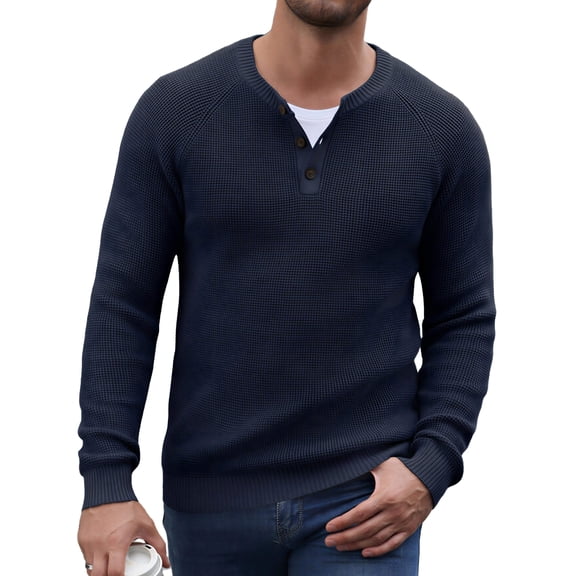 COOFANDY Mens Henley Waffle Pullover Sweater, Button Crewneck Casual Textured Sweaters