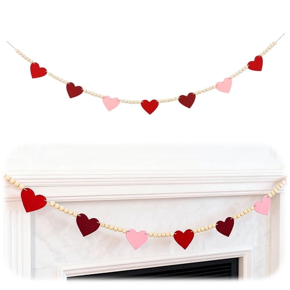 Valentines Day Decorations Wood Bead Garland with Felt Hearts Garland Valentine’s  Banner for Wedding, Anniversary Decorations 6.8ft