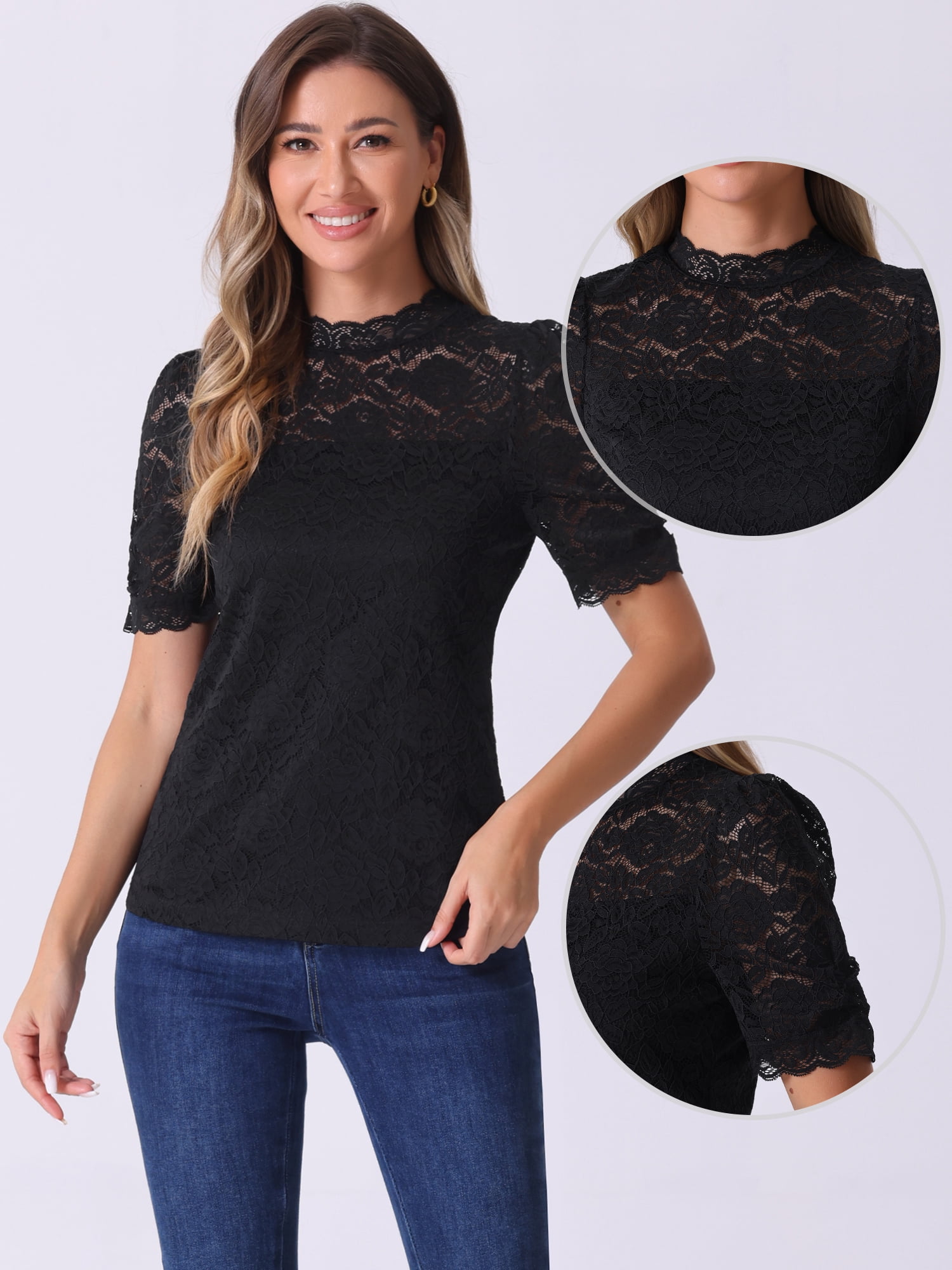 DARING DIVA Women's Lace Tops Mock Neck Puff Short Sleeve Floral Blouses XL Black