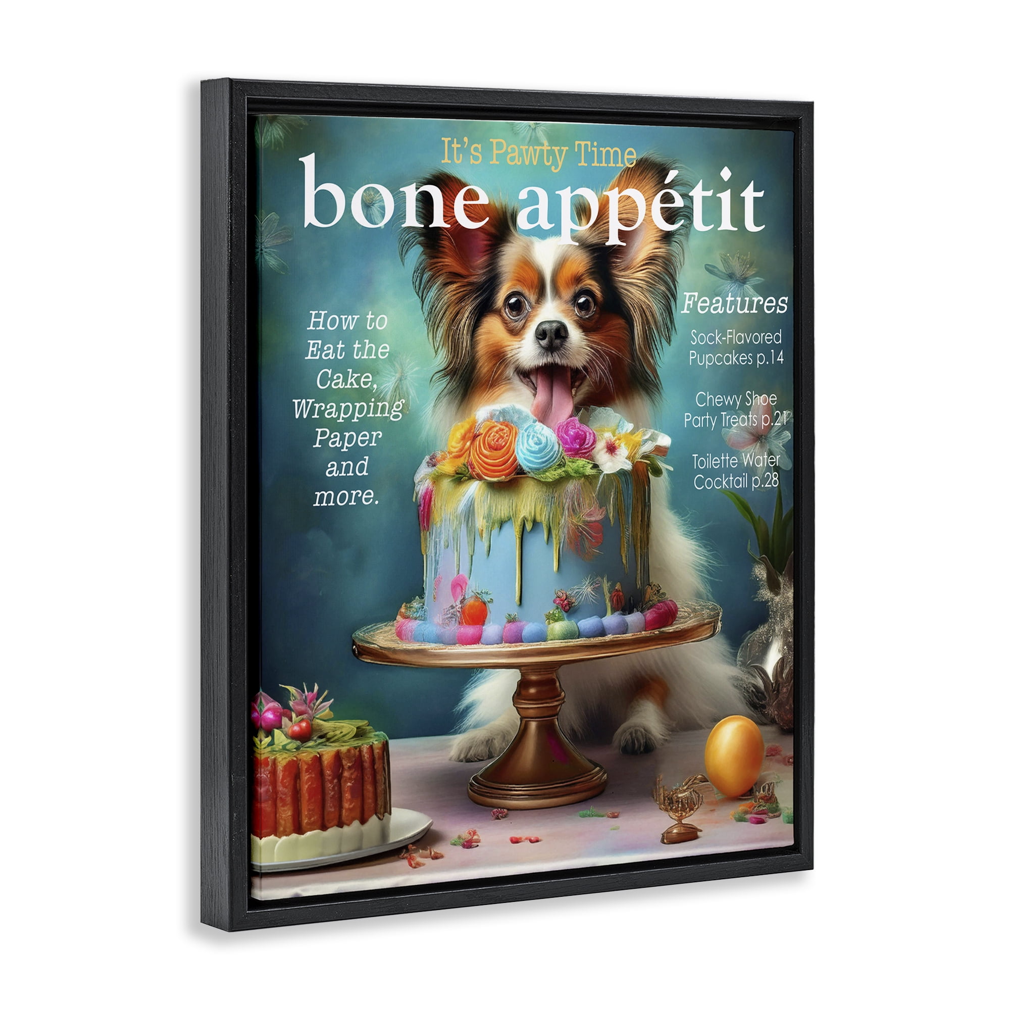 Stupell Industries Bone Appetit Dog Magazine Parody Black Framed Floater Canvas Wall Art, design by Grotto Studios