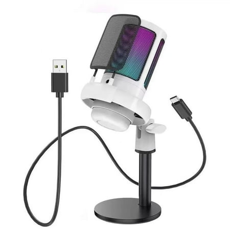 Gaming Microphone,USB Computer Microphone for PC,Laptop,Condenser Mic RGB,Stand Mic,Cardioid Mic with Quick Mute and Headphone Jack,Recording,YouTube,Game Monitoring,Live Streaming,Podcast & Singing