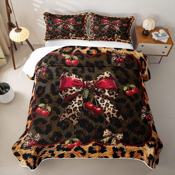 Erosebridal Leopard Print Bowknot Twin Quilt Set For Kids,Cute Cherries Cute Bows Girls Twin Coverlet Set,2pcs