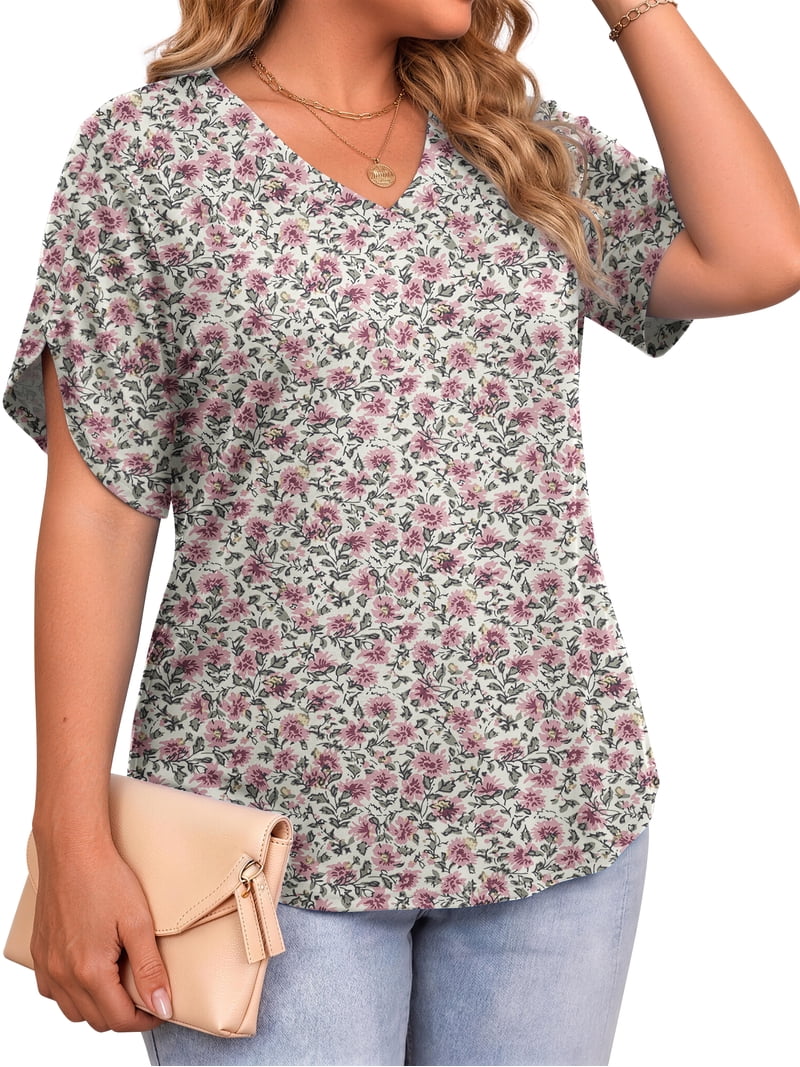 WellSize Plus Size Blouses for Women V Neck Short Petal Sleeve