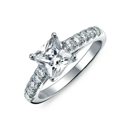 Sterling Silver Engagement Square Ring Simple 1.5 CT Princess Cut Cubic Zirconia Solitaire Square 925 Sterling Silver Pave Band AAA CZ Promise Engagement Ring ()