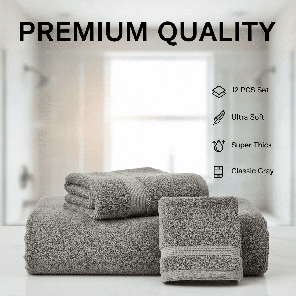 Set of 12 Luxurious Cotton Towels, Including 4 Bath Towels, 2 Hand Towels, And 6 Washcloths. These Towels Are Highly Absorbent, Quick-Drying, And Soft, Making Them Perfect for Home, Hotel, Spa