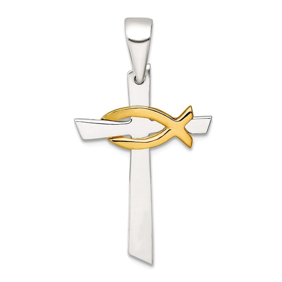 15.9mm 925 Sterling Silver Gold-tone Religious Faith Cross With Ichthus Animal Sealife Fish Pendant Necklace Pendant for