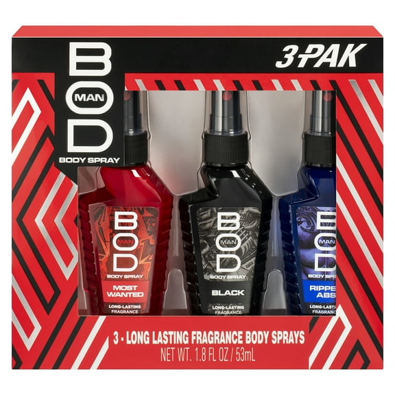 BOD Man Body Spray Gift Set, Black, Really Ripped Abs, Most Wanted, 3 Piece