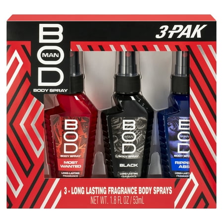 BOD Man Body Spray Gift Set, Black, Really Ripped Abs, Most Wanted, 3 Piece