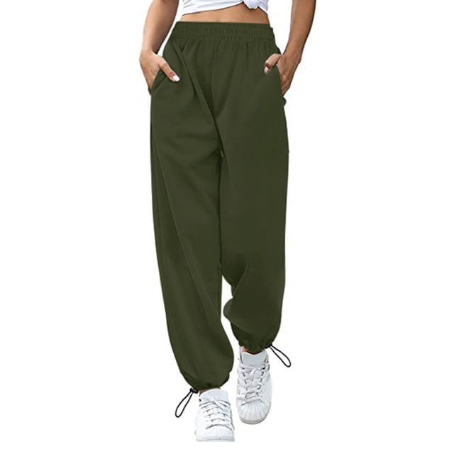 Pantalones de mujer cintura alta elásticos Color puro cordón bolsillos sueltos deportes pierna ancha tobillo atado pantalones de mujer