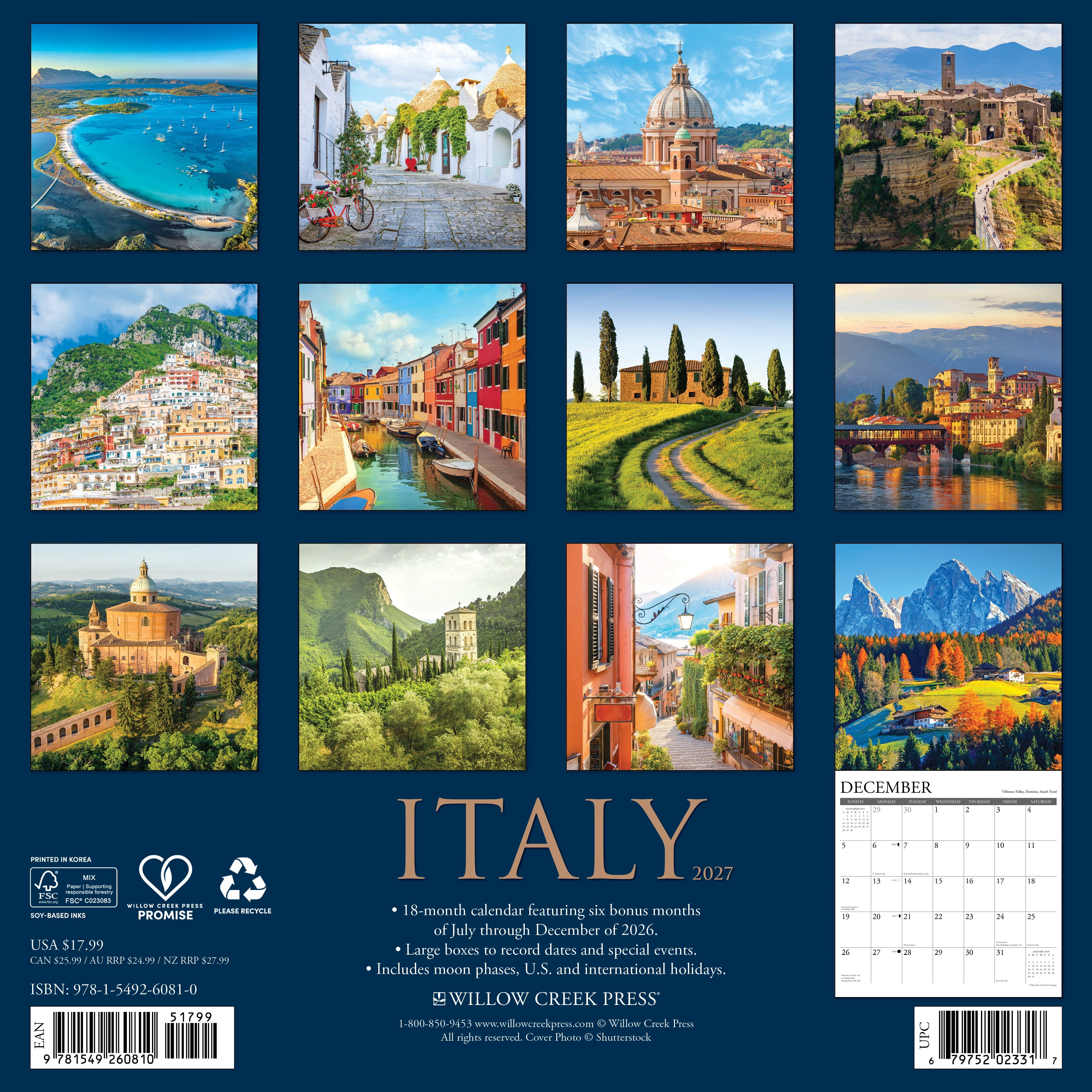 Willow Creek Press, Italy 2027 Wall Calendar