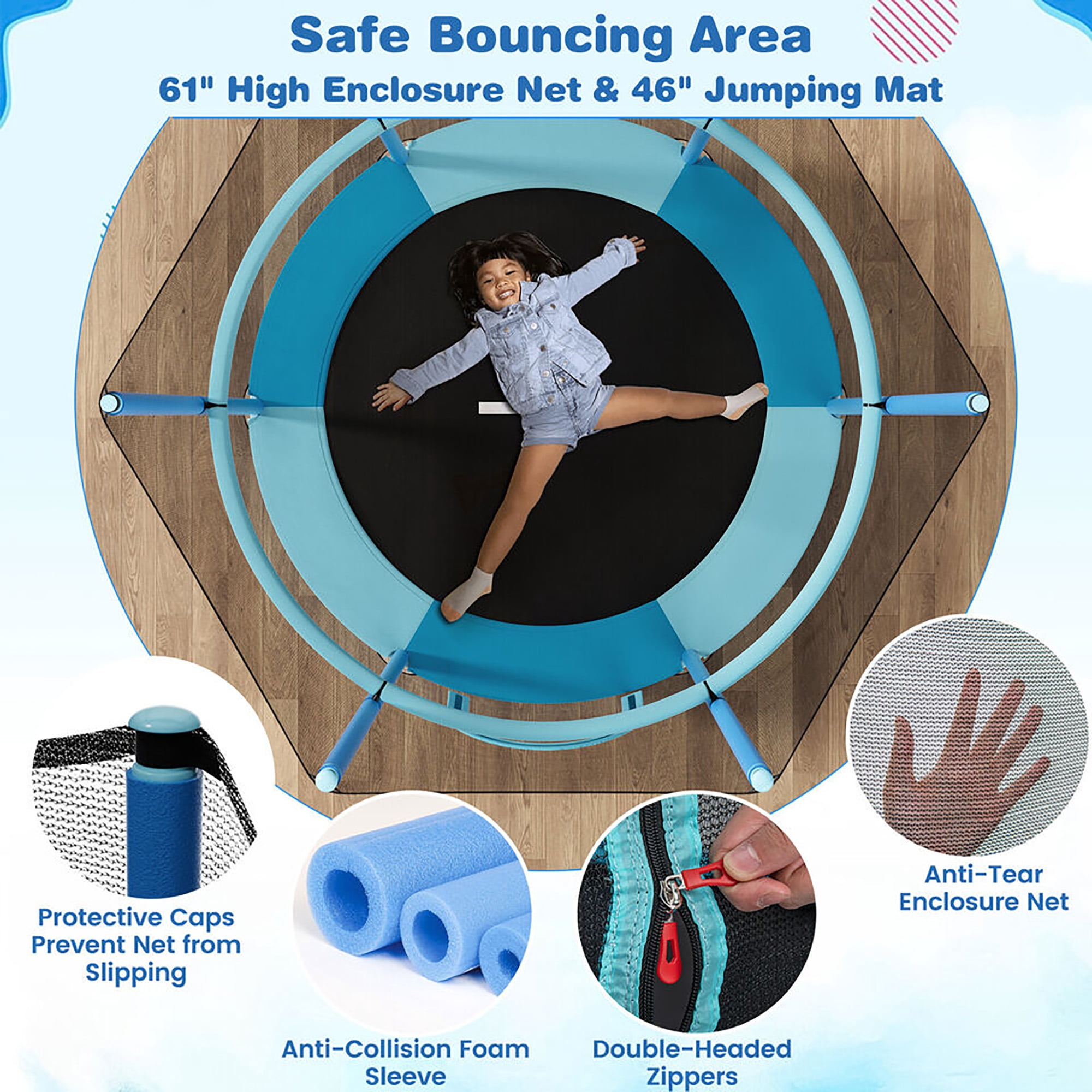 Gymax 60'' Trampoline for Kids w/ Gymnastic Bar Rings Foamed Handle No Gap Design Blue