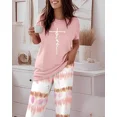 thumbnail image 3 of ChicMe Pajamas for Womens Letter Print Round Neck Short Sleeve Tops and Tie Dye Elastic Waist Pants Loose Fit Casual Sleepwear Set Pink-m, 3 of 9