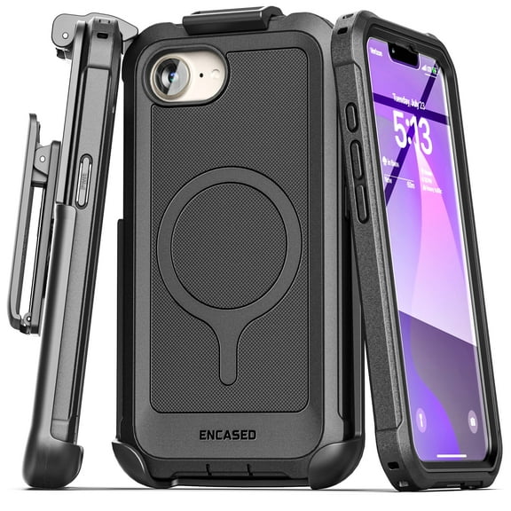 Encased Protective Case for iPhone 16e with Belt Clip (2025) Full-Body Case with Built-In Screen Protector and Phone Holster (Compatible with MagSafe) Black