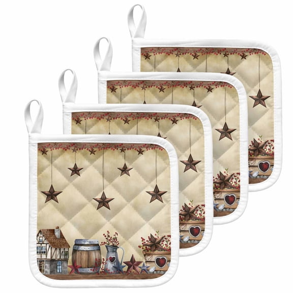 Star Brown Pot Holders for Kitchen Heatproof Potholder, 4 Pack Farmhouse American Country Vintage Berry Hot Pads Multipurpose Oven Pads Cloth Potholders Trivet for Cooking and Baking