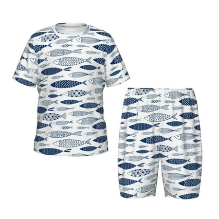 Luyuia Blue Fish Print Girls  2-Piece Tie-Dye Pajama Set  Cute Summer Loungewear with Shirt and Tank Shorts Nightwear-Small