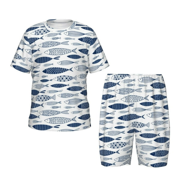Fotbe Blue Fish Pijama Estampada de 2 Piezas para Niños – Ropa de Dormir de Manga Corta Cómoda para Niños y Niñas, Camiseta y Shorts de Algodón-Small