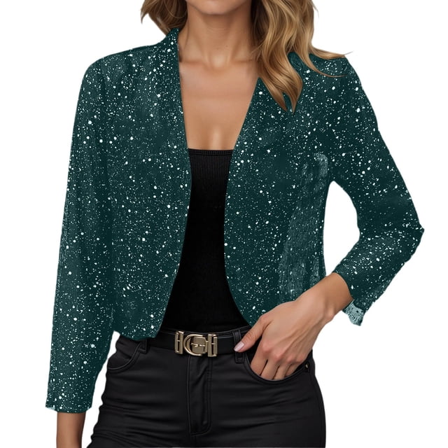 Wdgfv Veste à Paillettes pour Femmes Blazer Court Ouvert devant Léger Manches 3/4 Vert P