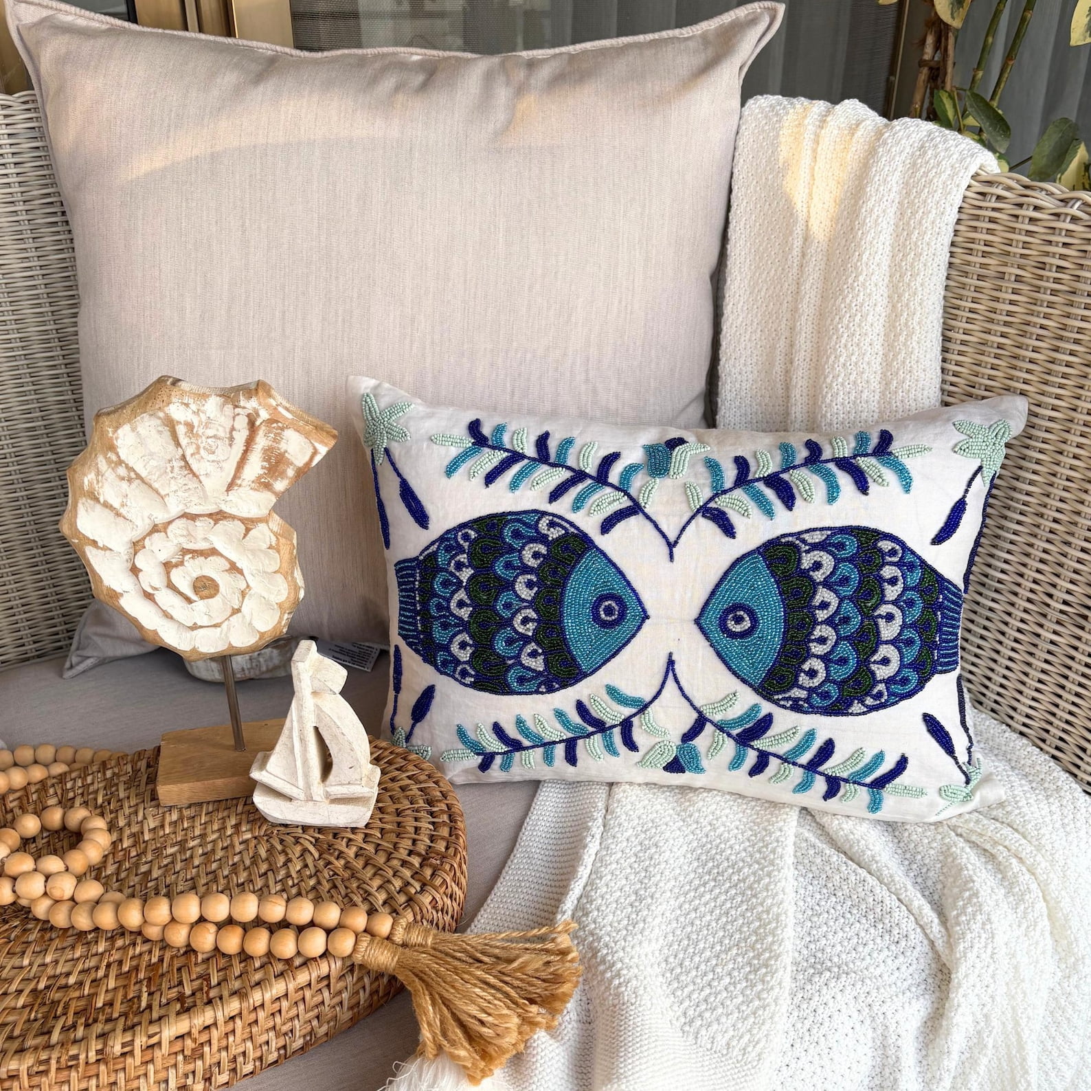 Decorative Oblong / Lumbar Throw Pillow Covers Accent Pillows Couch Sofa Pillow Case 12x22 inch (30x55 cm) White Silk Dupioni Bead Embroidery - Fish Tales