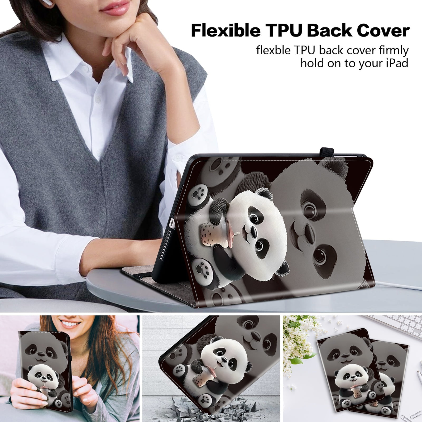 Allytechgroup for iPad 10.2" 9th 8ht 7th Generation Case, Premium PU Leather Flip Cover Stand Cover with Cards Slots Pencil Holder Shockproof TPU Inner Case for Apple iPad 10.2", Cute Panda