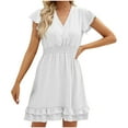 thumbnail image 2 of Women's Summer Style V-neck Short Sleeve Chiffon Soft Ball Pleated Dress, 2 of 7