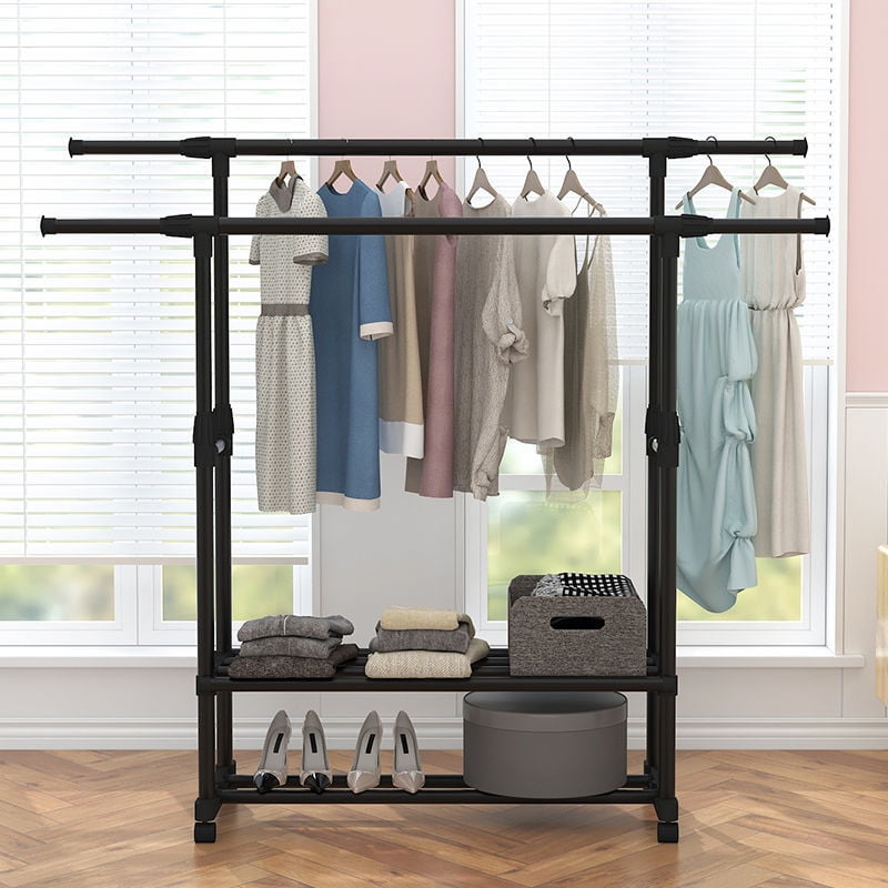 Double Rail Clothing Rack with Shelf, Garment Rack on Wheels