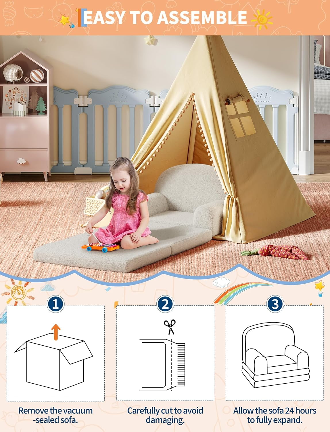 Kids Couch, 2-in-1 Convertible Teddy Fleece Fabric Toddler Sofa Chair, Soft Fold Out Couch Lounger for Kids, Comfy Children's Sofa Bed for Playroom, Nursery, Birthday Gift (White Moon)