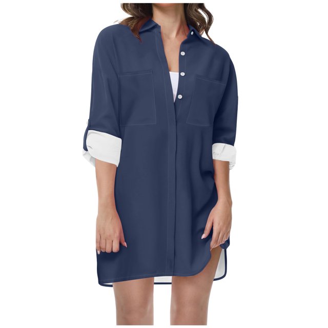 FAIWAD Robe Chemise à Boutons pour Femme, Manches Longues Roulées, Robe Ample, Couleur Unie, Col à Revers, Longue Chemise