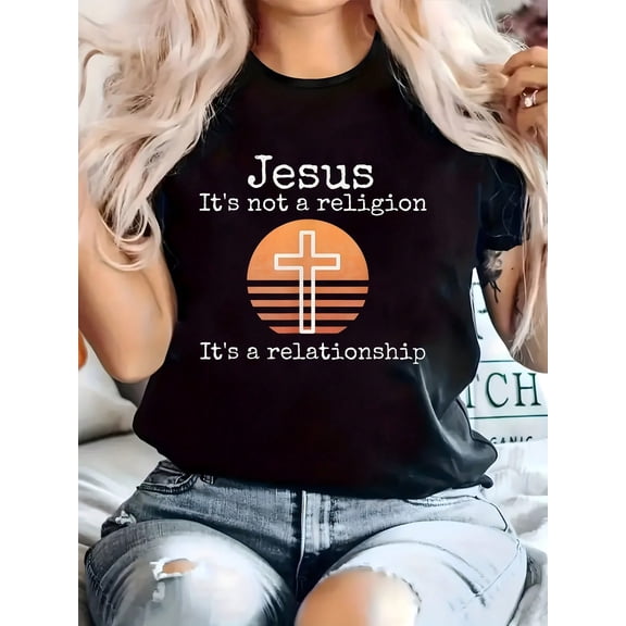 Women's Christian Faith Graphic T-Shirt, Jesus It's Not a Religion It's a Relationship Print, Vintage Cross Crew Neck Short Sleeve Cotton Tee, Inspirational Casual Everyday Shirt
