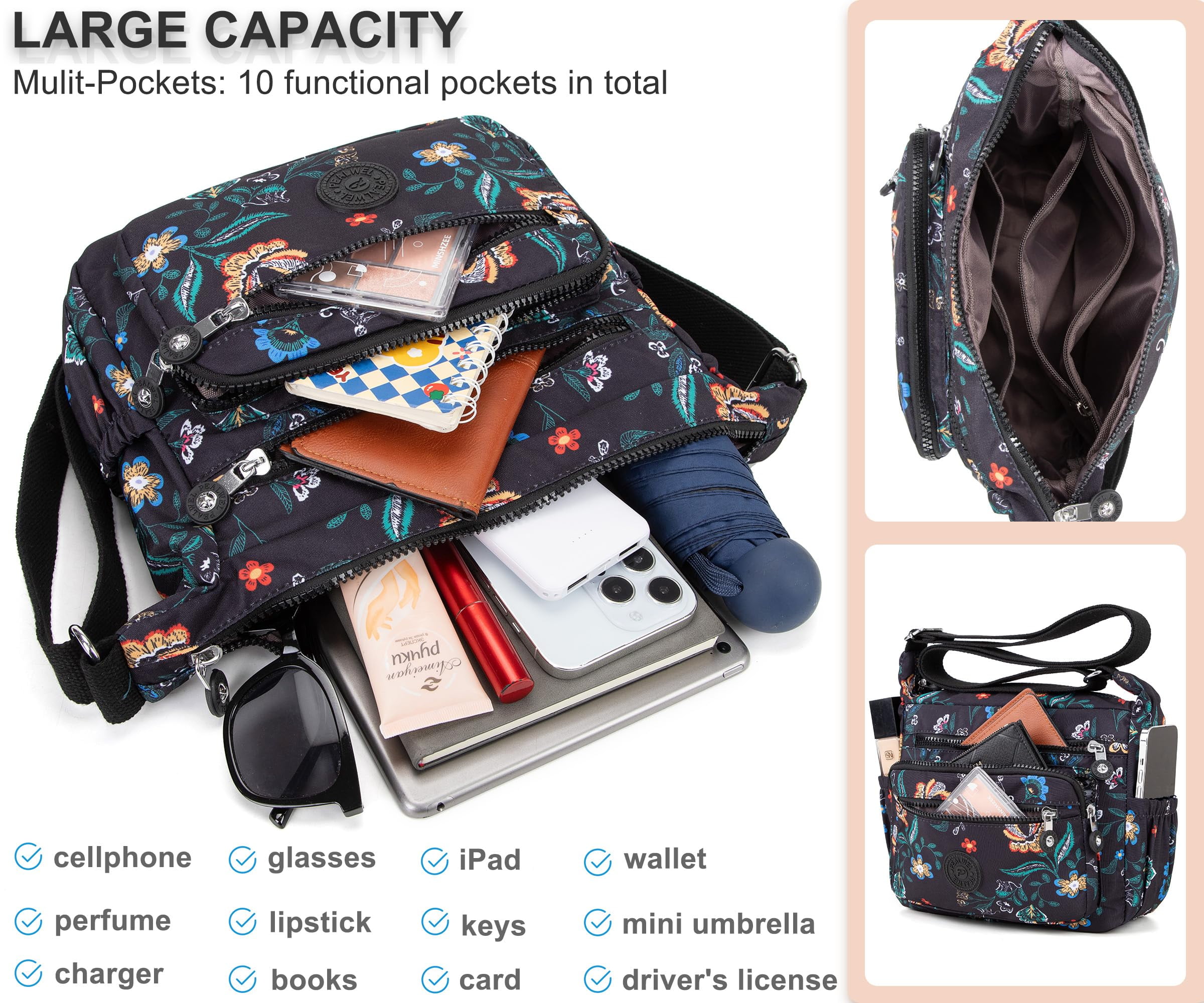 AOUNQ Crossbody Bag for Women Multi Pocket Shoulder Purse Bags Nylon Ladies Travel Handbag with Adjustable Straps
