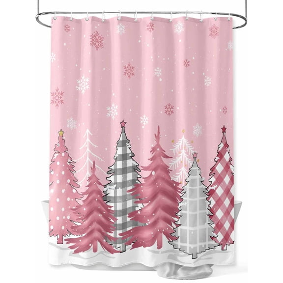 Pink Christmas Tree Long Shower Curtain Set, Waterproof Shower Curtains for Bathroom, Grey Pink Plaid Xmas Tree Winter Snowflake Washable Fabric Cloth Bath Curtain for Bathtub with Hooks 72x84 Inches