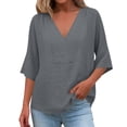 thumbnail image 4 of Craaazy Women Casual 3/4 Sleeve Blouse, Solid Color V Neck Tops, Loose Fit Linen Cotton Blend Shirt for Daily Wear Gifts, 4 of 8