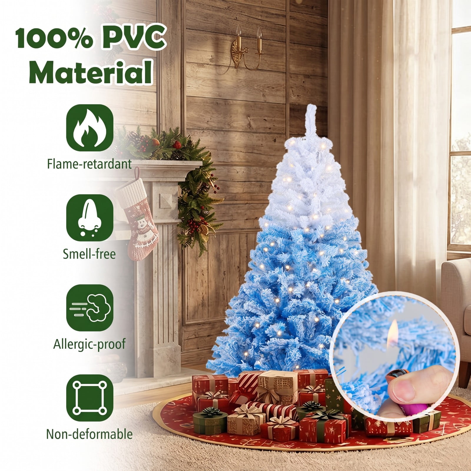 RUIE 5 FT Artificial Christmas Tree with 180 Warm White LED Lights and 8 Modes, Snow Flocked Hinged Prelit Xmas Tree with Foldable Metal Stand, White & Blue