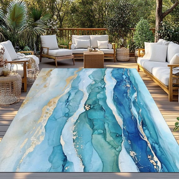 Outdoor Rug, Vintage Gradient Blue Teal Ocean Indoor Area Rug Outdoor Carpet RV Camping Rugs 3x5ft Abstract Seaside Wavy Outside Mat for Patio Picnic Porch Deck Balcony Backyard