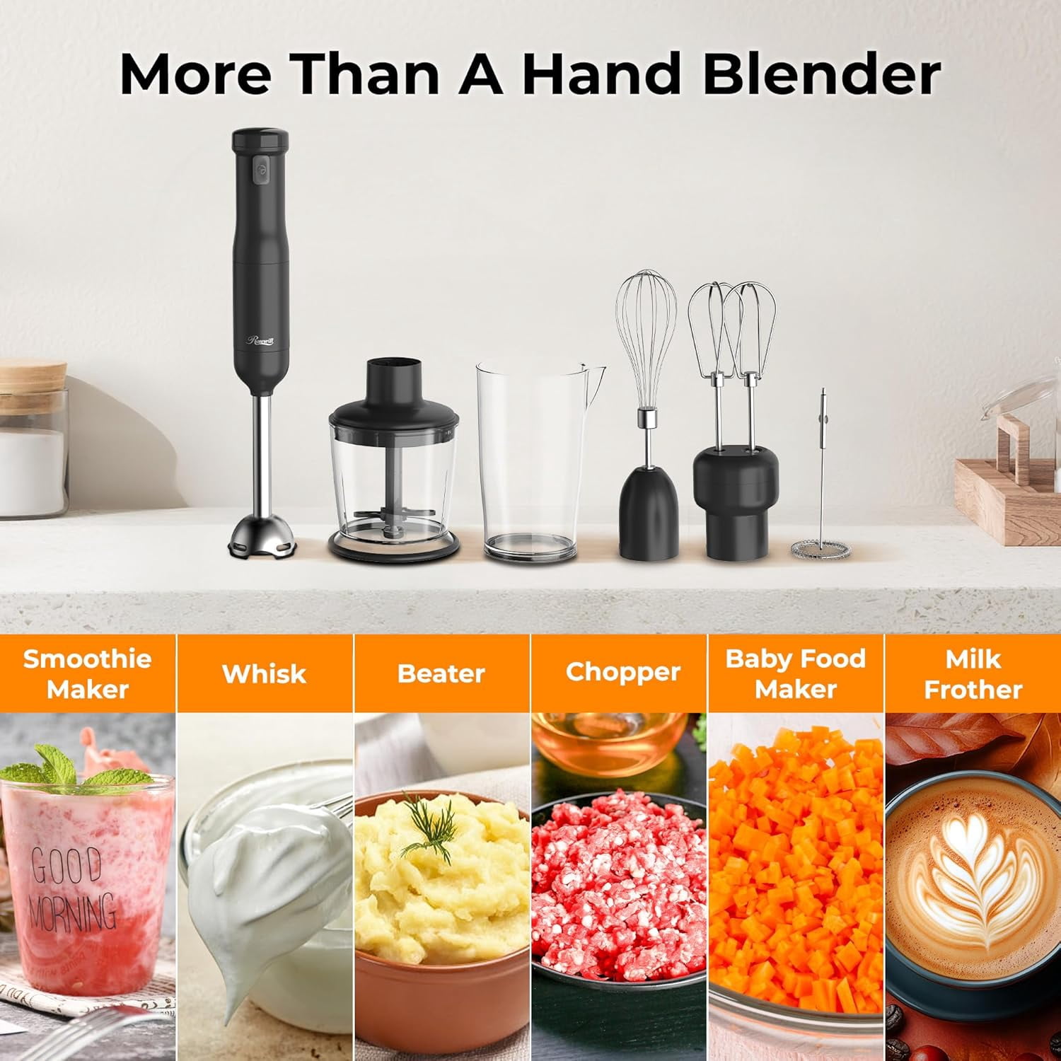Rosewill 6-in-1 Multi-Speed Cordless Rechargeable Immersion Hand Blender,  Heavy Duty Motor - Stick Blender, Beaker, Whisk, Chopper, Dual Beater, Milk Frother - For Smoothies, Baby Food, Soup - Black