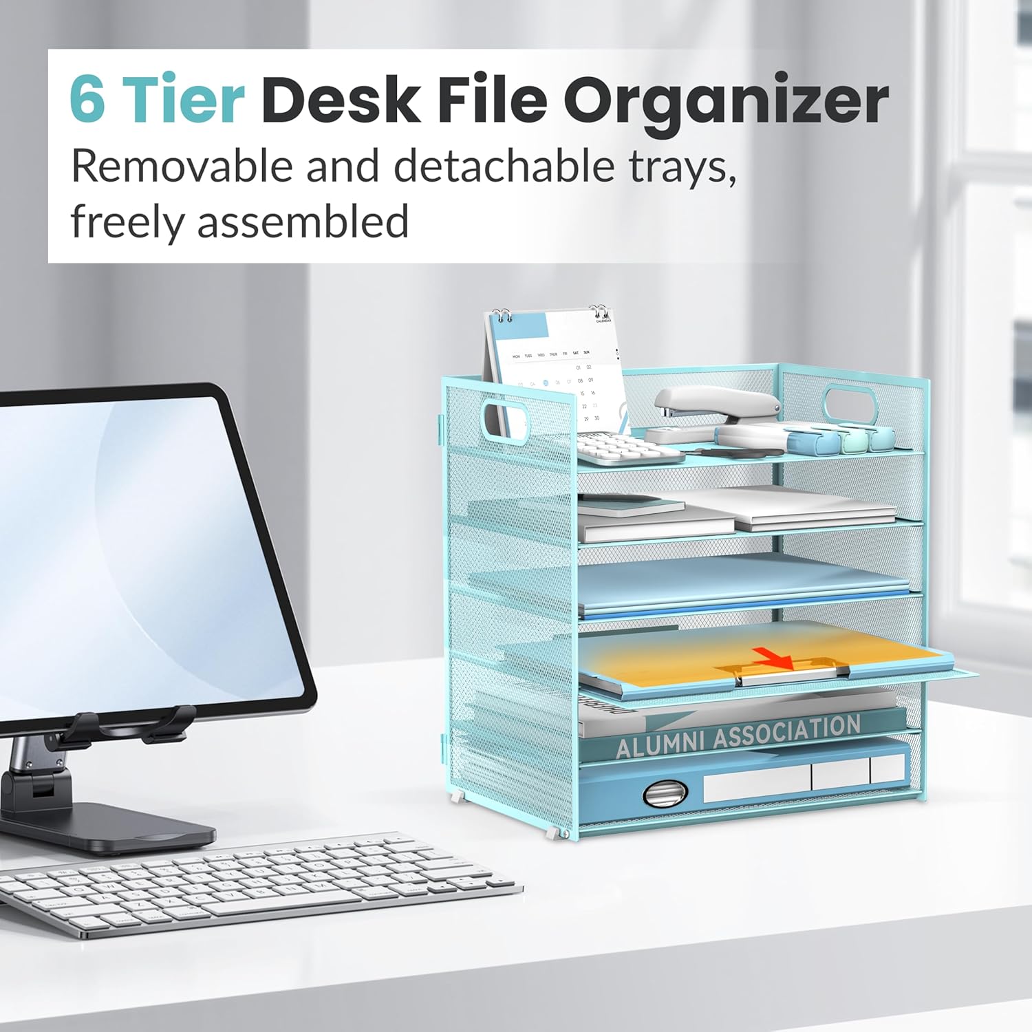 INTIGE 6 Tier Paper Organizer for Desk, Paper Letter Tray Organizer, Metal Mesh Desk File Organizers with Handle for Office/Home