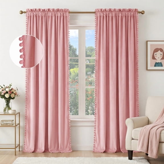 NICETOWN Pink Velvet Curtains for Girls' Room, Room Darkening Rod Pocket Thermal Insulating Luxury Pom Pom Velvet Drapes for Bedroom Living Room Home Theater, 52"x84", 2 Panels