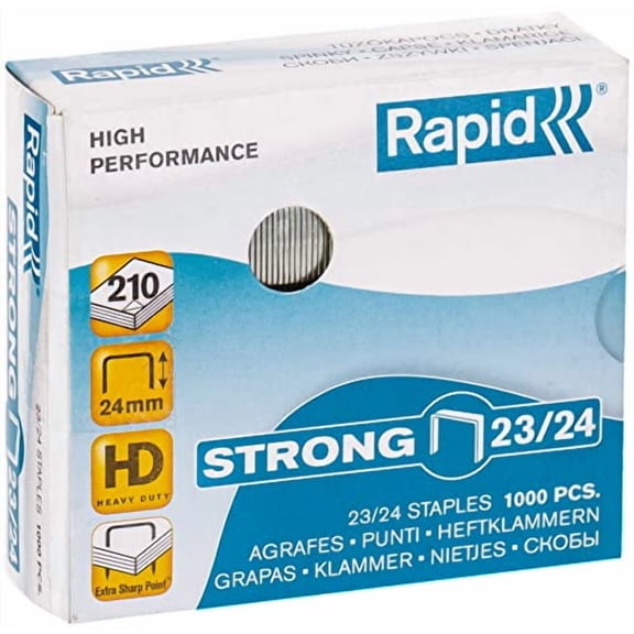 Rapid 23/24mm Strong Staples, for Stapling 150-210 Sheets, Use with Heavy Duty Staplers, Galvanised Wire, Box of 1000, 24870500