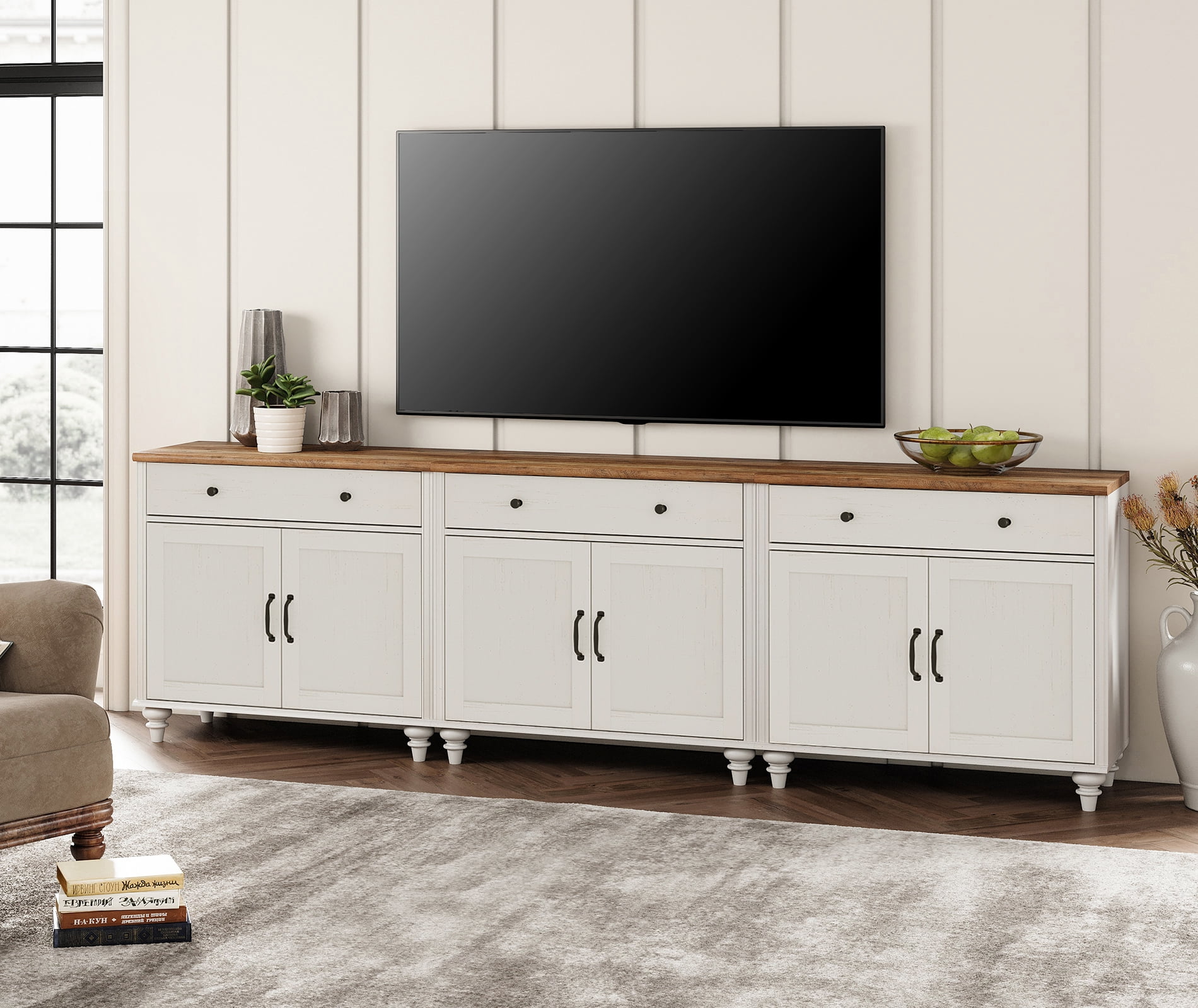 Buffet Cabinet with 6 Doors and 3 Drawers, Large Coffee Bar Table Wood Kitchen Storage Cabinet, Modern Farmhouse Sideboard Credenza for Dining Room, 101 inch, White
