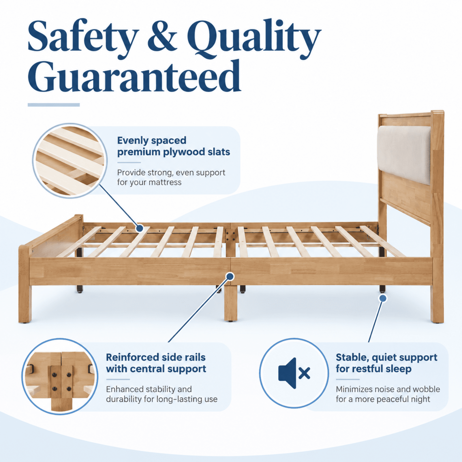 Miniyam Queen Rubberwood Platform Bed Frame with Padded Upholstered Headboard, Natural