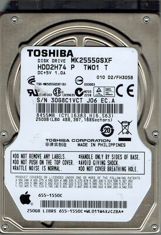 010 D2/FH305B Apple#655-1550C 250gb Sata Toshiba MK2555GSXF HDD2H74 P TW01 T 