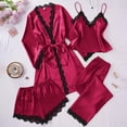 thumbnail image 2 of Rotm 4PC Satin Pajama Set for Women Women's Silk Satin Pajama Set - Long Sleeve Lace Trim Lapel Sleepwear Nightwear Loungewear Hot Pink,M, 2 of 7