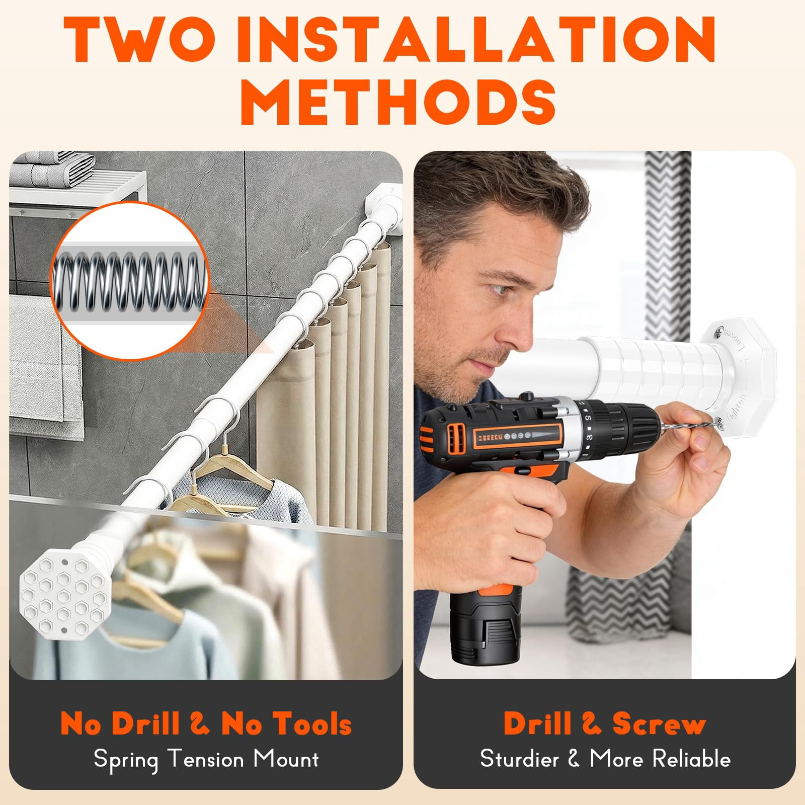 VEGCOO 45-168" Adjustable Tension Curtain Rod, 2-in-1 Drill-Free or Screw-Fixed Heavy Duty Matte White Shower Rod for Bathroom Windows Patio