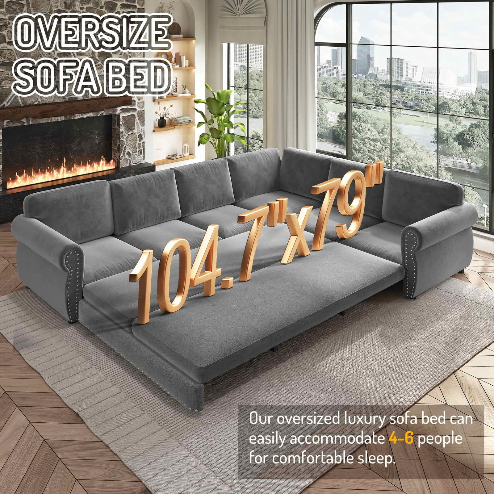 MAYEERTY 118" L‑Shaped Convertible Pull‑Out Sofa Bed, Chenille Sectional Couch with Nailhead Trim & Rolled Arms, Oversized Multifunctional Sleeper Sofa