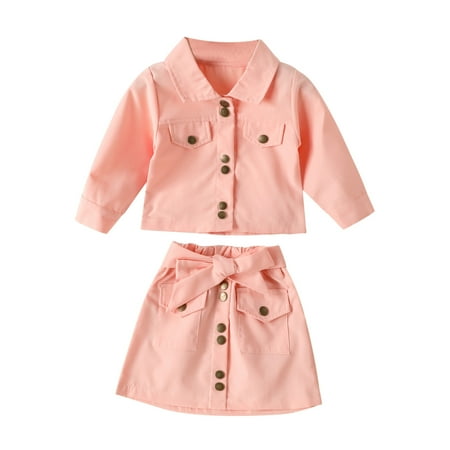 

Fir Girl Little Girls Outfits Toddler Kids Baby Girls Long Sleeve Jacket Coat T Shirt Tops Bow Button Skirts 2PCS Outfits Clothes Set Athletic Crop Top