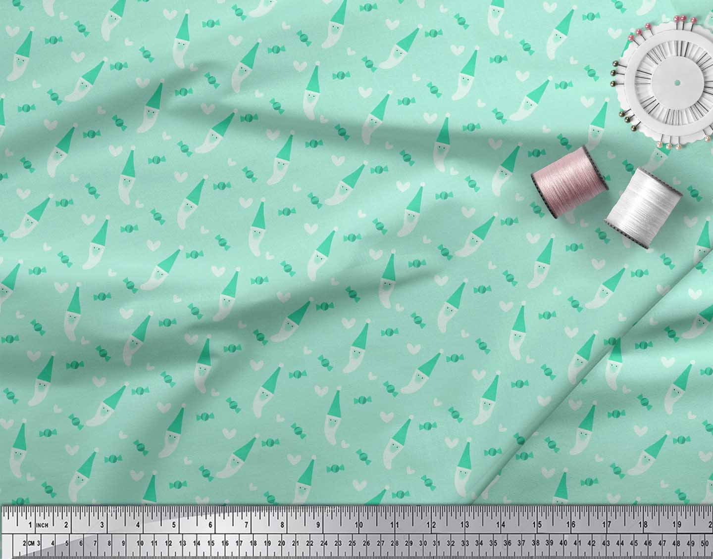 Soimoi Green polyester Crepe Fabric Heart,Candies & Santa Face Christmas Print Fabric by the Yard 52 Inch Wide