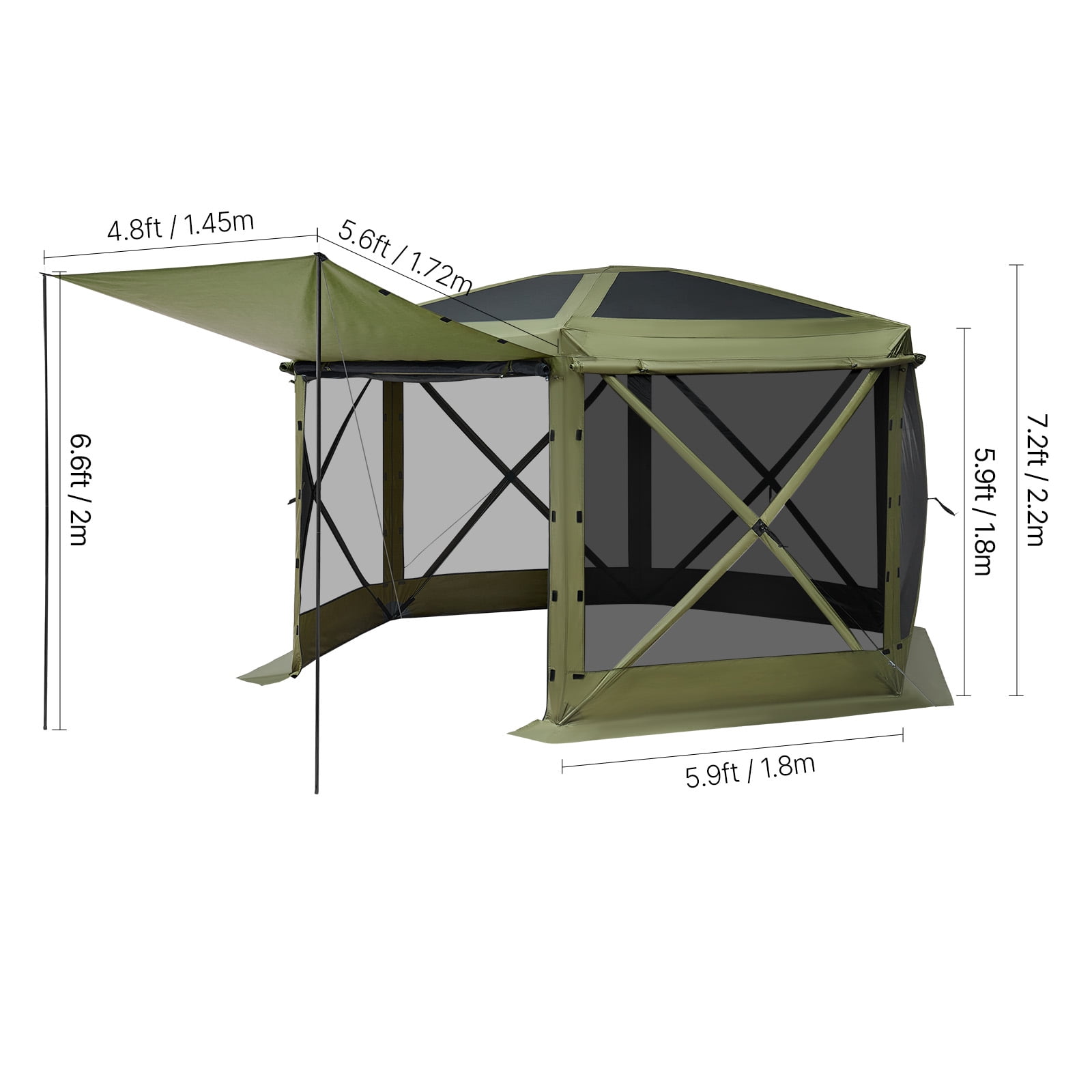 VEVOR Pop up Gazebo Screen Tent, 12 x 12 ft Large 6-Sided Camping Canopy Tent with Removable Top & Carry Bag, Quick-Set & Bite-Proof, Screen House Sun Shelter for 8-10 Persons Backyard Patio, Green